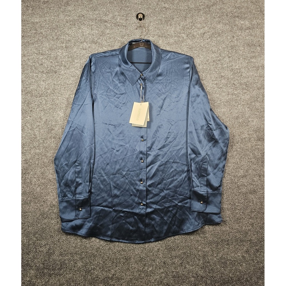 Ravella Women's Milano Silk Blouse Size XL Midnight Navy Golden Buttons